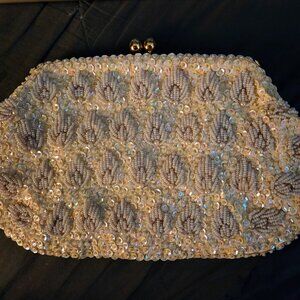 Vintage Sequins and Pearl Clutch Evening Bag w/ Gold Chain Kiss Lock 10" x 6"